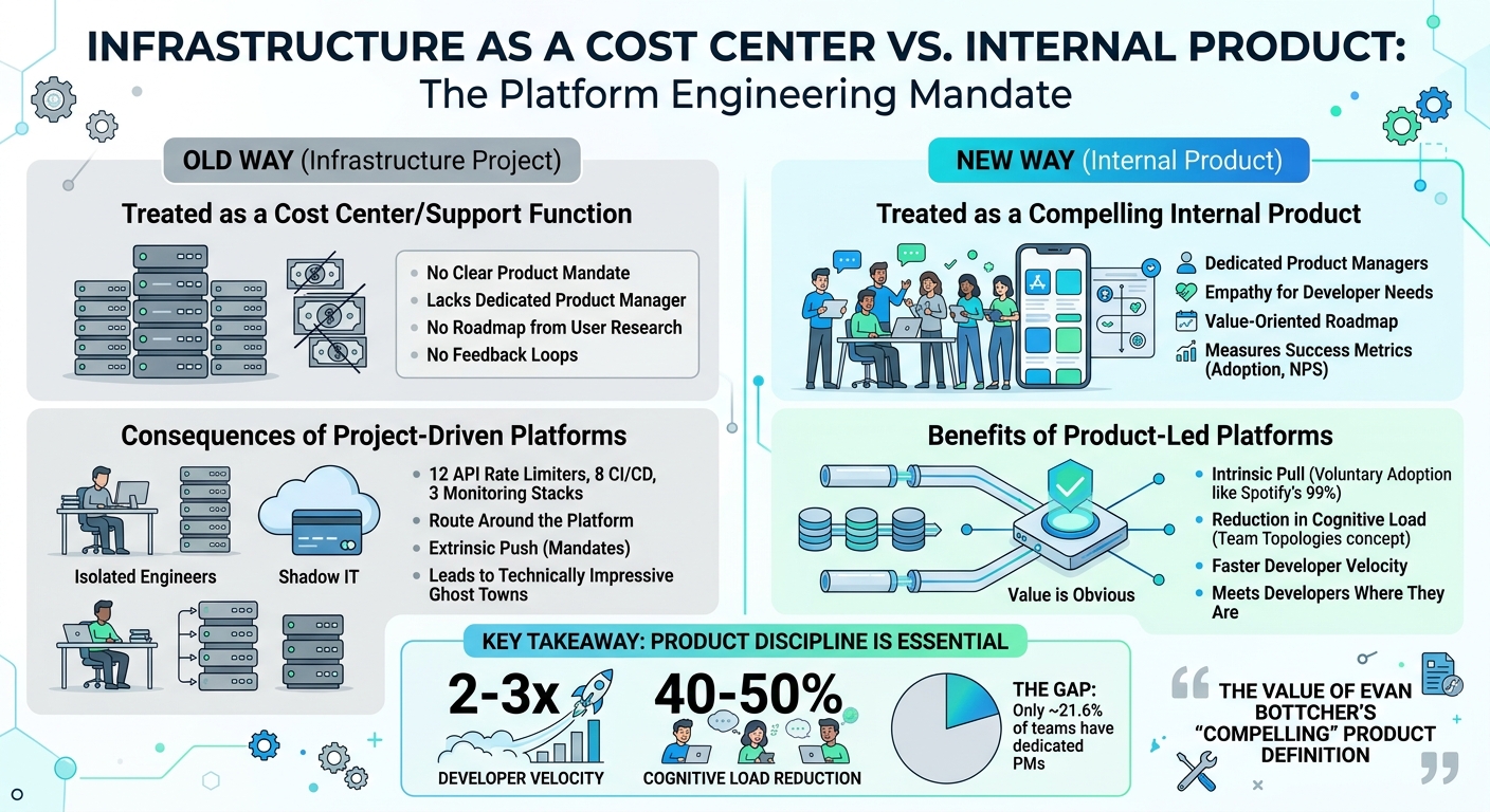 The strategic mistake of letting platform engineering teams operate without a clear product mandate—treating infrastructure as a cost center that 'just supports the business' instead of an internal product with users, roadmaps, and adoption metrics