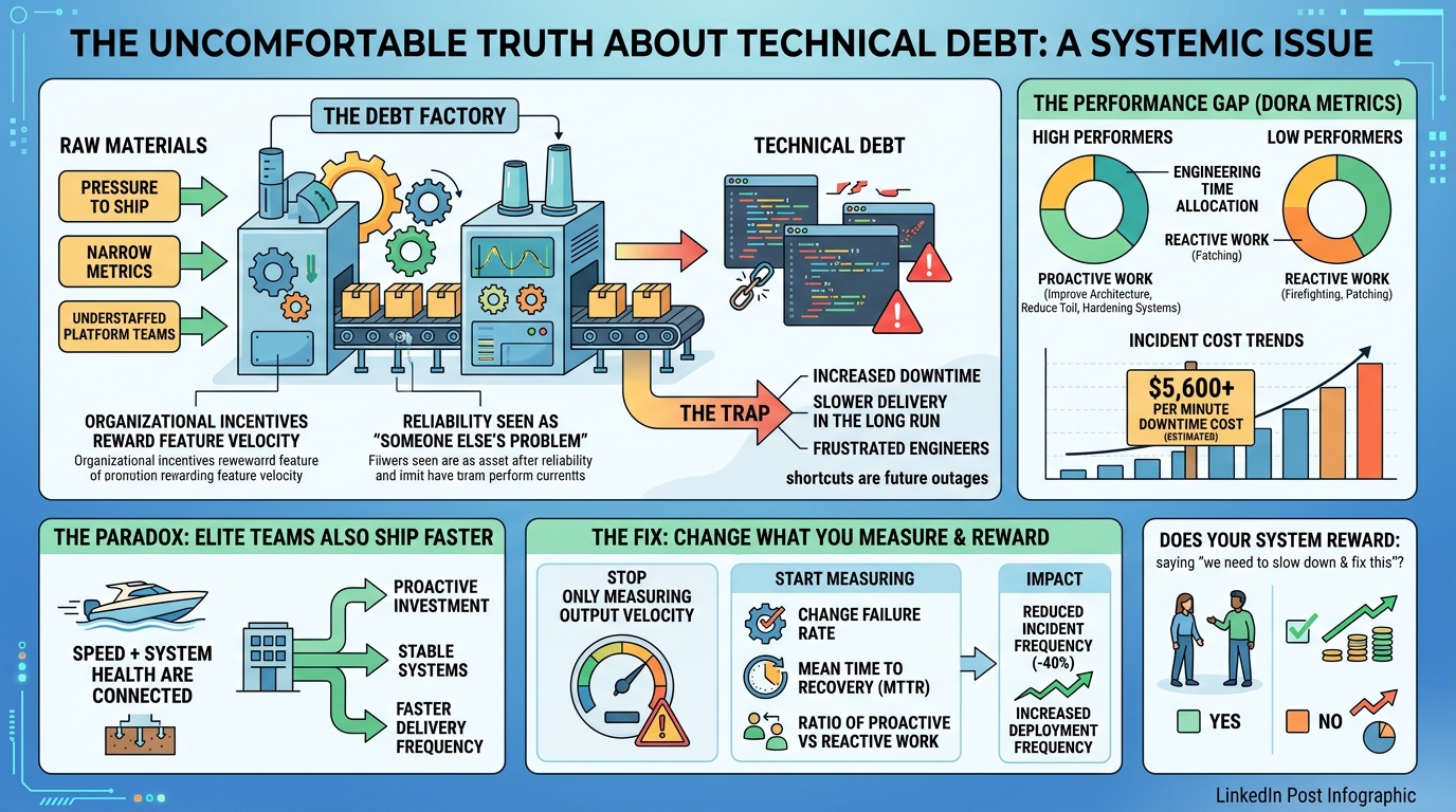The uncomfortable truth that most technical debt isn't accidental—it's the rational outcome of incentive structures that reward feature velocity over system health