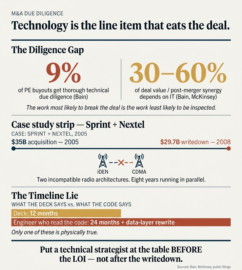 The underappreciated role of technical strategy in M&A due diligence, specifically how acquiring a company with an incompatible data architecture or deeply coupled monolith can silently destroy the projected value of a deal