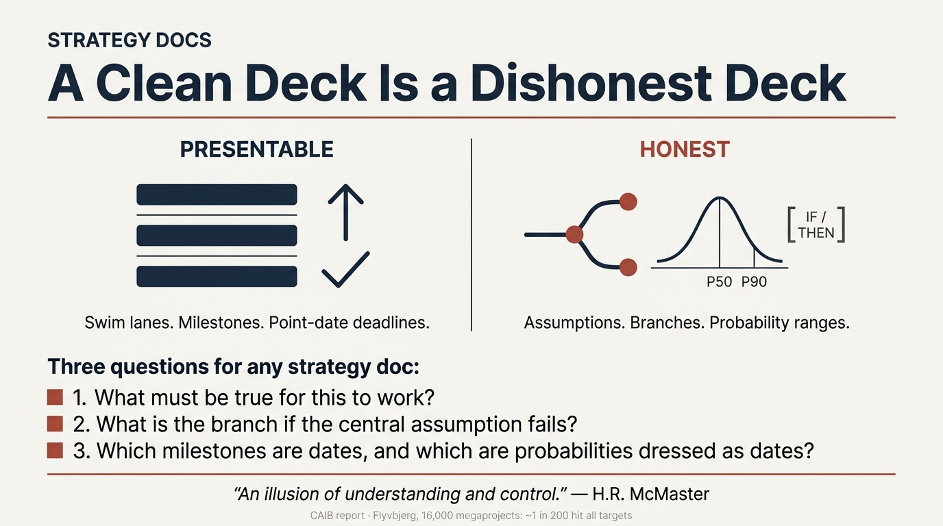 The overlooked failure mode where technical strategy documents optimize for internal legibility—clean diagrams, neat swim lanes, phased roadmaps—instead of capturing the actual messy constraints that will determine success or failure