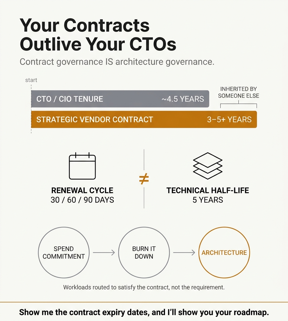 How the sunk cost of a multi-year vendor contract quietly reshapes technical strategy long after the original decision-makers have left the organization