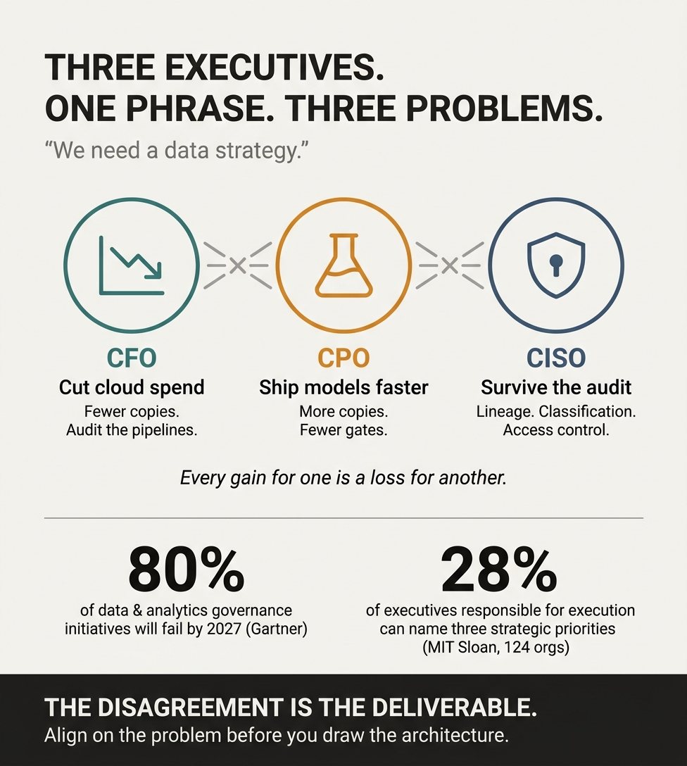 How 'we need a data strategy' almost always means three different things to three different executives—and the technical strategist who doesn't force that disagreement into the open before writing a plan ends up authoring a document that satisfies no one